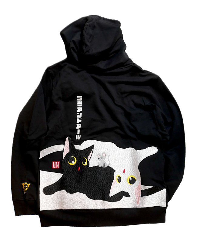 画像1: LIN (リン） Lamy and Earl  [ アートなラミアンドアール ] 総刺繍パーカー AL-75136ブラック (裏毛） (1)