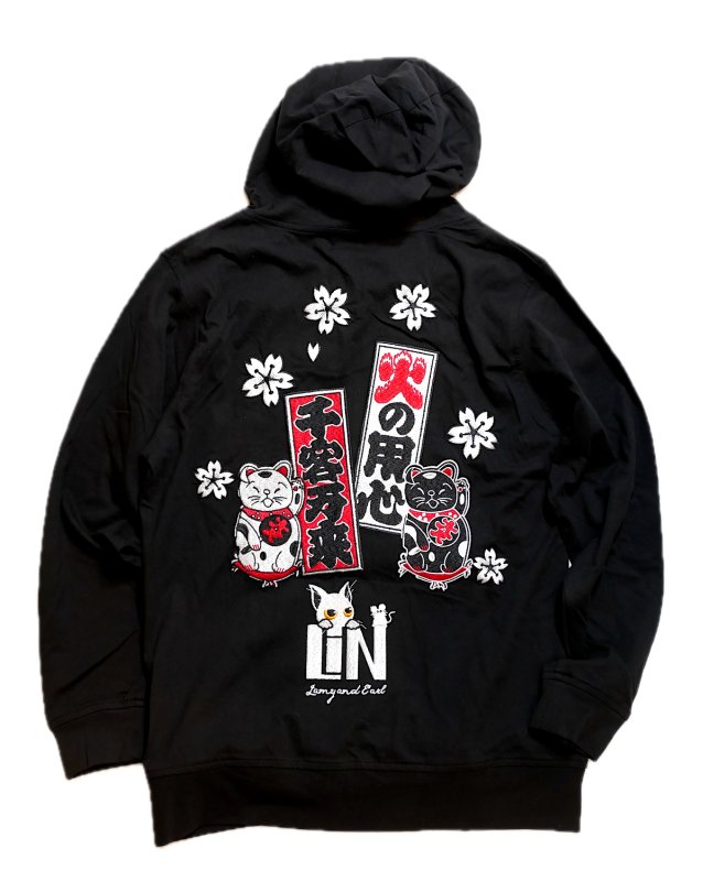 画像1: LIN (リン） Lamy and Earl  [ 招き猫 ] 薄地 総刺繍パーカー AL-75807 ブラック (1)