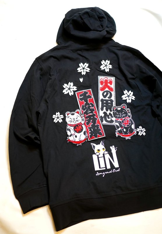 画像5: LIN (リン） Lamy and Earl  [ 招き猫 ] 薄地 総刺繍パーカー AL-75807 ブラック (5)