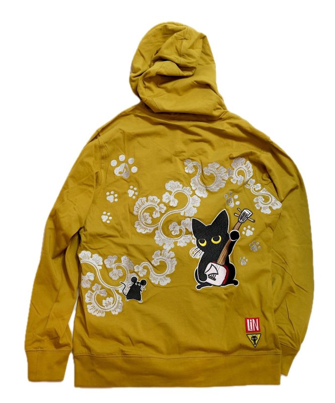 画像1: LIN (リン） Lamy and Earl  [ 和楽器猫 ] 薄地天竺 総刺繍パーカー AL-75617 マスタード (1)