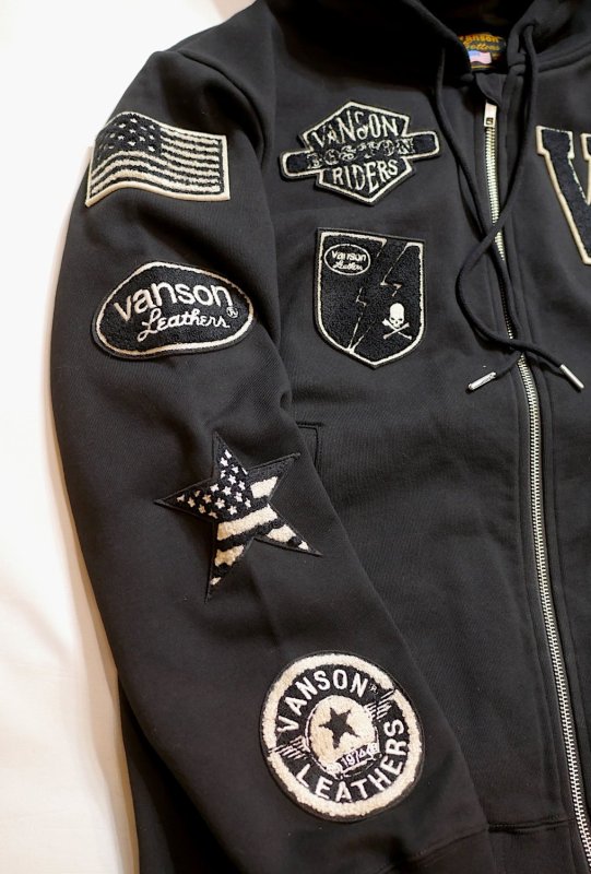画像5: vanson (バンソン）ワッペン  刺繍 ジップパーカー   NVSZ-2522 ブラック (5)