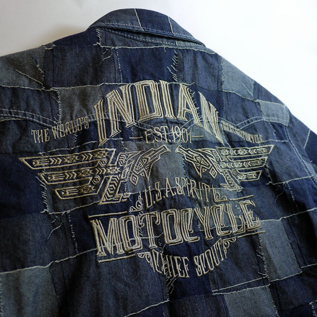 indian motocycle パッチワークジャガード 刺繍 デニムシャツ
