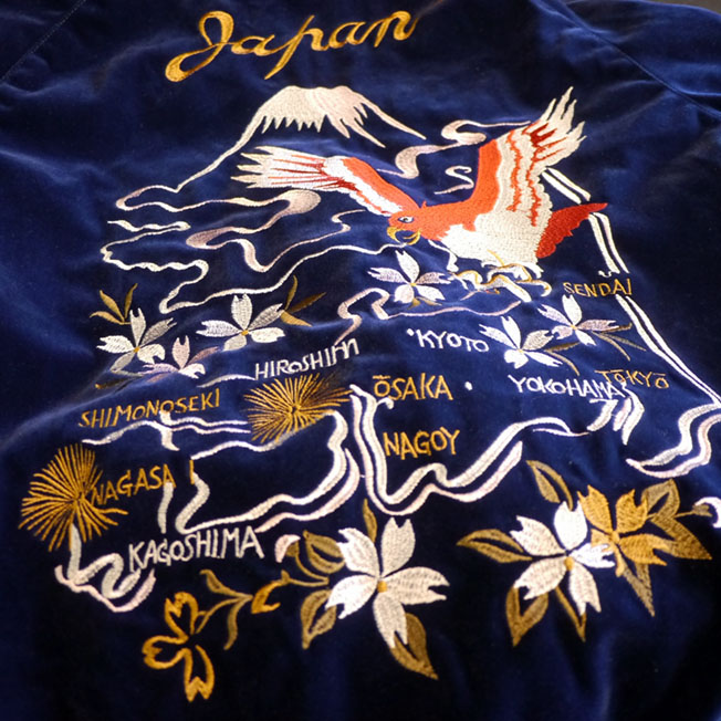 HOUSTON [ JAPAN MAP( 鷹、虎）] 刺繍 別珍 スカジャン (中綿入り 
