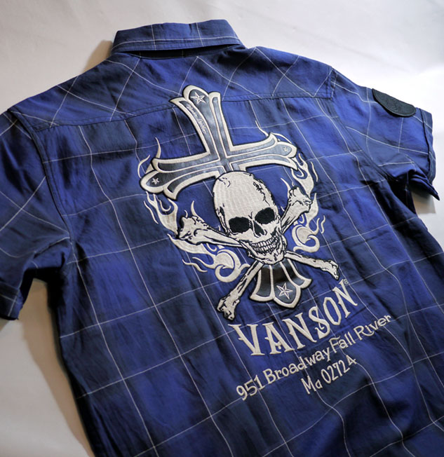 VANSON (バンソン） スカル刺繍 アーバンビエラ チェックシャツ ブルー