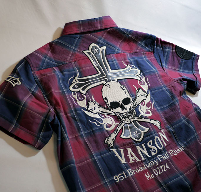 VANSON (バンソン） スカル刺繍 アーバンビエラ チェックシャツ レッド