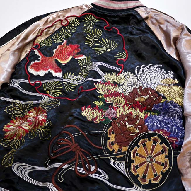花旅楽団 [ 花車と金魚 ] 刺繍 リバーシブルスカジャン ブラック 