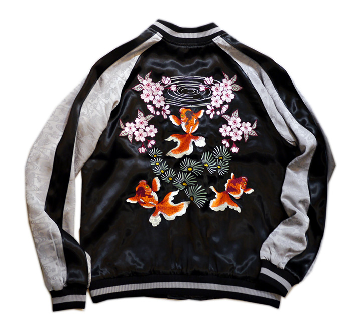 新色 Japanesque (ジャパネスク）桜と金魚刺繍 袖桜ジャガード リバーシブルスカジャン ブラック/グレー 3RSJ-702 ブラック