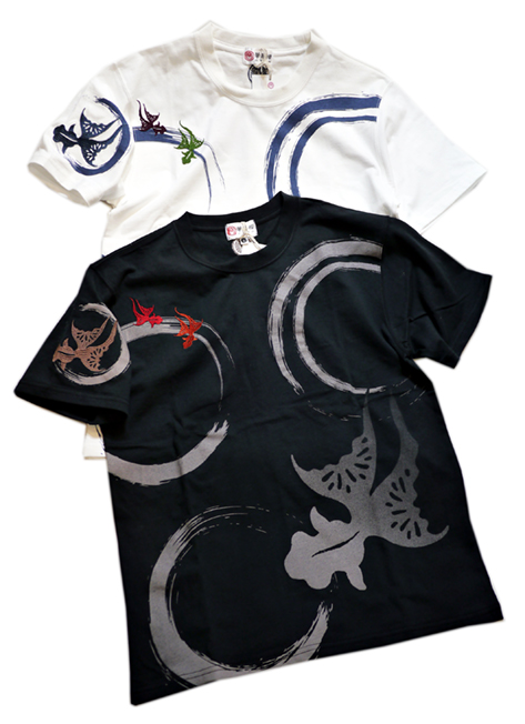 画像1: 華鳥桜　円相と金魚 プリント 刺繍   Tシャツ   8002102 (1)