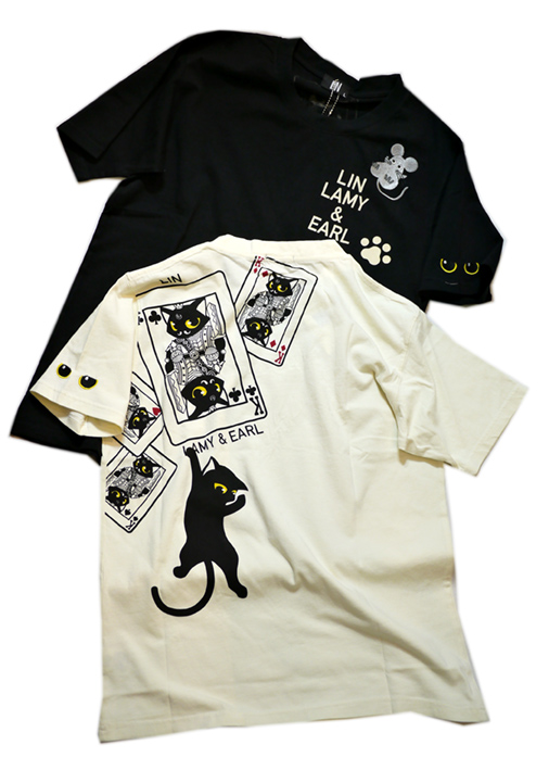 画像1: LIN (リン） 黒猫Lamy &ネズミEarl  キングラミTシャツ プリント 刺繍 Tシャツ  ATL-75016 (1)