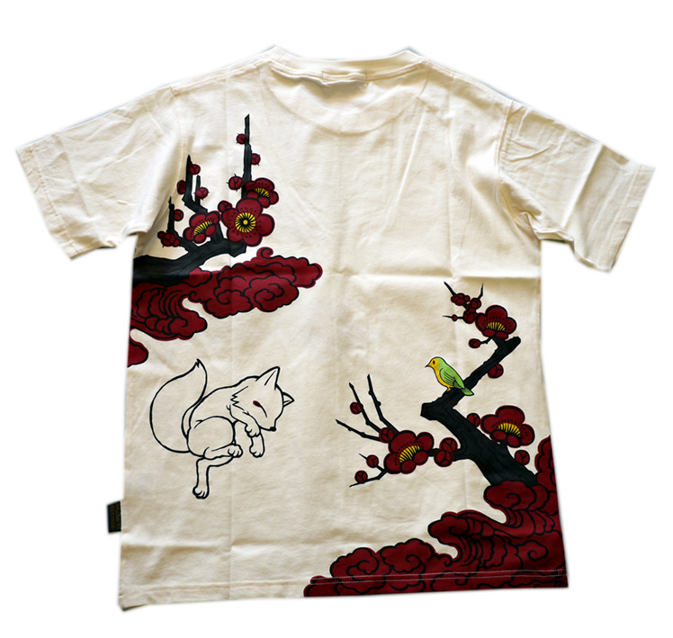 今昔 ( KON-JAKU ) こんぎつねと梅と鶯 プリント 刺繍 Tシャツ KJT-21006