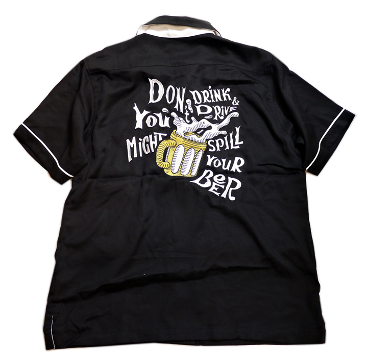 画像1: HOUSTON (ヒューストン） BEER 刺繍 ボーリングシャツ 40825 ブラック (1)