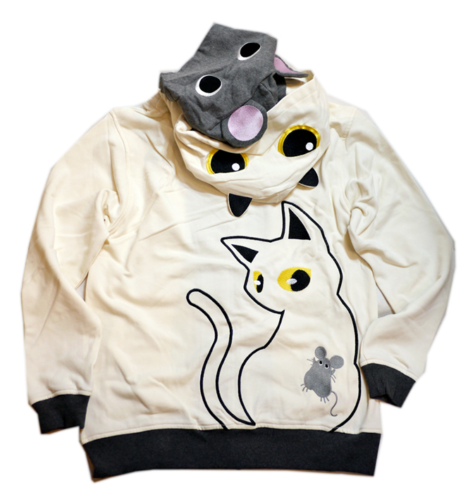 画像1: LIN (リン） [ Lamy and Earl  ] 黒猫とネズミのダブルフードパーカー  刺繍  AL-75018 オフホワイト 白猫 (1)