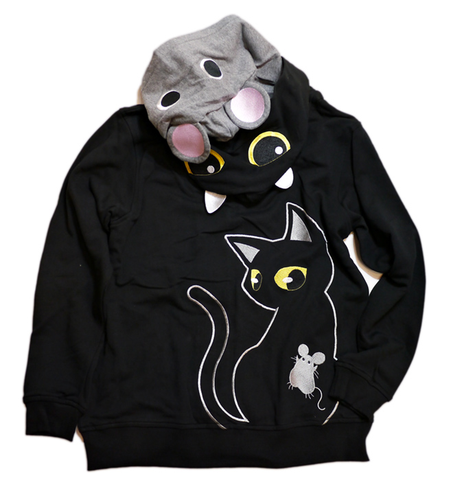 画像1: LIN (リン） [ Lamy and Earl  ] 黒猫とネズミのダブルフードパーカー  刺繍  AL-75018 ブラック (1)