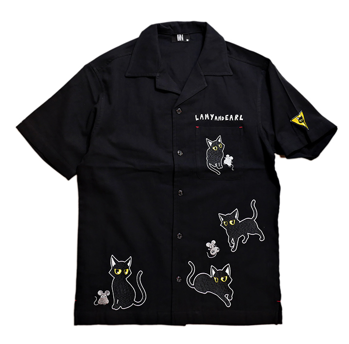 LIN (リン） Lamy and Earl 黒猫 刺繍 ガーゼ 半袖シャツ AL-75043