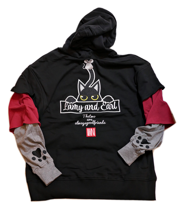 画像1: LIN (リン） [ Lamy and Earl  ] 黒猫 袖変形 プルオーバー パーカー 刺繍  オーバーサイズ  AL-75048  ブラック (1)