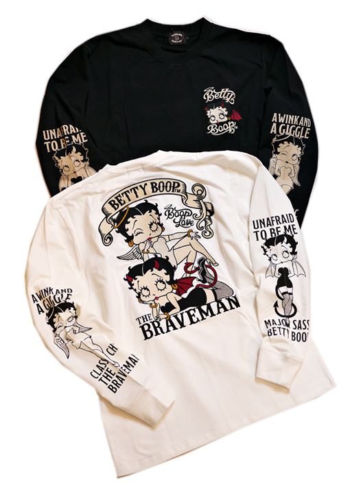 画像1: THE BRAVEMAN / BETTY BOOP コラボ   天使と悪魔 ベティー 刺繍 長袖Tシャツ BBB-2228 ベア天竺 (1)