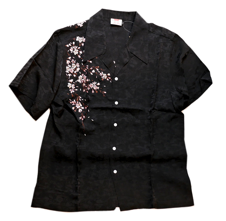 画像1:  花旅楽団 [ 枝垂れ桜 ] 刺繍  桜ジャガード 半袖シャツ  SS-001 ブラック (1)